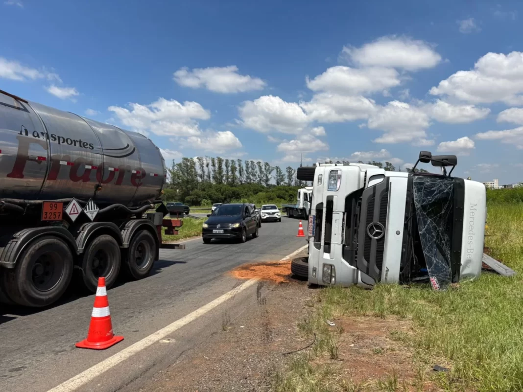 Caminhão ficou no gramado em alça de acesso da Zeferino Vaz (Foto: Johnny Inselsperger/ EPTV Campinas)